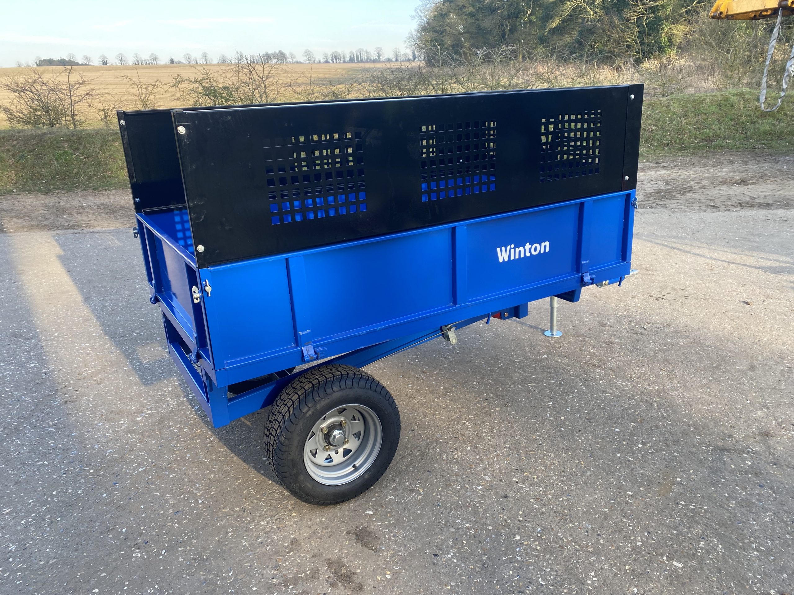 Winton 1.5 tonne tipping trailer from PJM AGRI with cage sides. tractor atv trailer